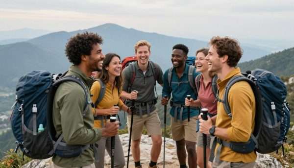 Group of diverse hikers laughing together at mountain summit Group of diverse hikers laughing together at mountain summit