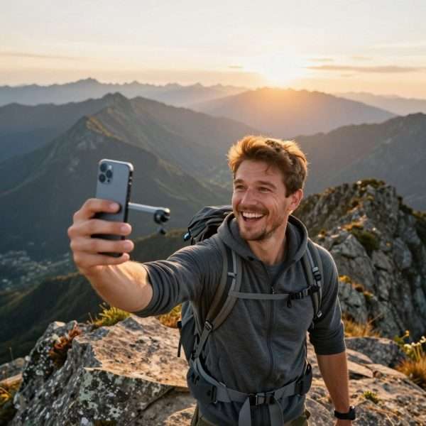 Hiker taking selfie at mountain summit with stunning views Hiker taking selfie at mountain summit with stunning views