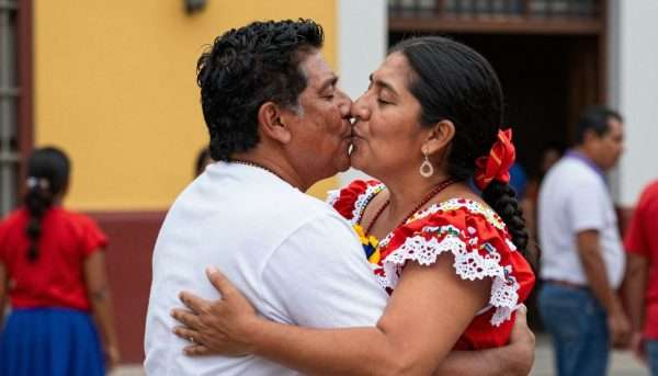 Latin American greeting with warm hug and cheek kiss Latin American greeting with warm hug and cheek kiss