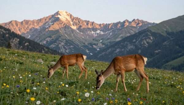 Mountain wildlife including deer on alpine meadow with mountain peaks Mountain wildlife including deer on alpine meadow with mountain peaks