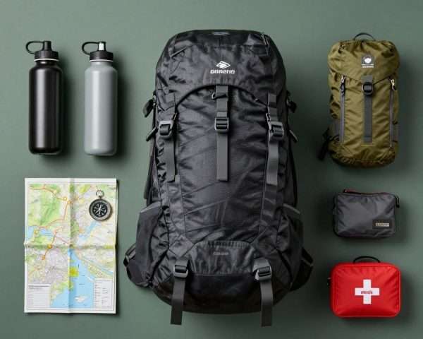 Organized hiking backpack with outdoor gear and equipment Organized hiking backpack with outdoor gear and equipment