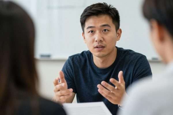 Person reading body language signals during conversation Person reading body language signals during conversation