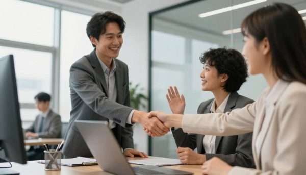 Professional colleagues greeting with handshake in office Professional colleagues greeting with handshake in office