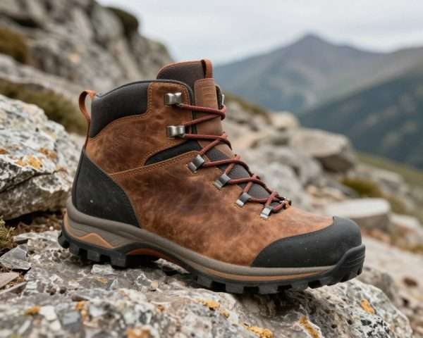 Professional hiking boots on mountain rocky terrain Professional hiking boots on mountain rocky terrain