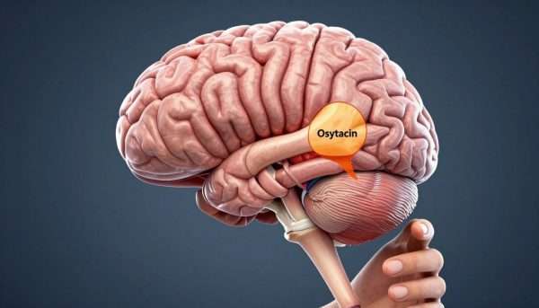 Scientific illustration of brain during hug showing oxytocin release Scientific illustration of brain during hug showing oxytocin release