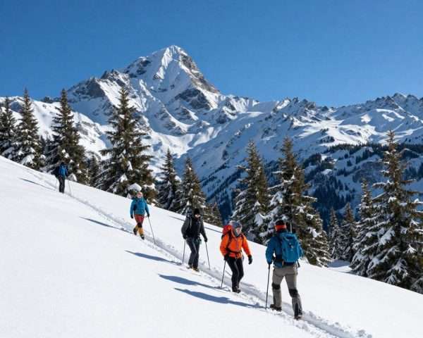 Snow-covered mountain peaks with winter hiking scene Snow-covered mountain peaks with winter hiking scene