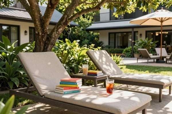 Summer reading retreat outdoor setting with books Summer reading retreat outdoor setting with books