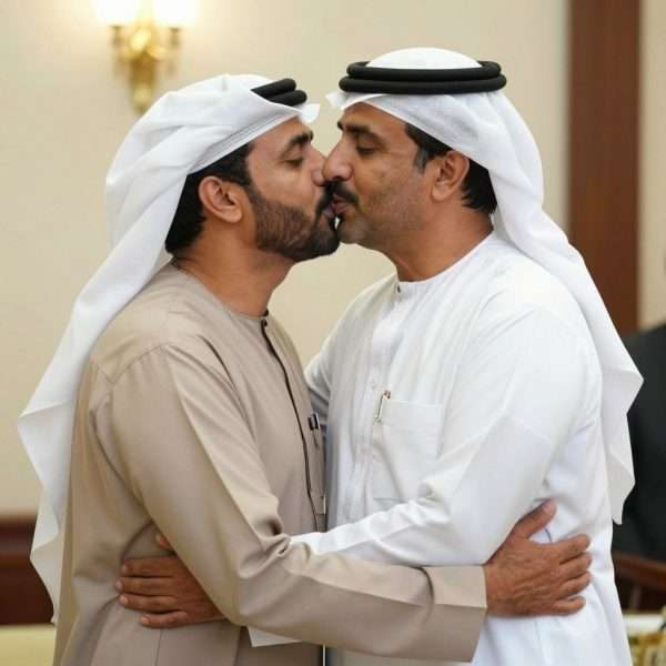 Traditional Middle Eastern same-gender greeting embrace Traditional Middle Eastern same-gender greeting embrace