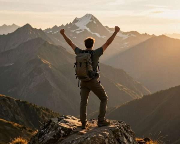 Triumphant hiker at mountain summit with arms raised celebrating Triumphant hiker at mountain summit with arms raised celebrating