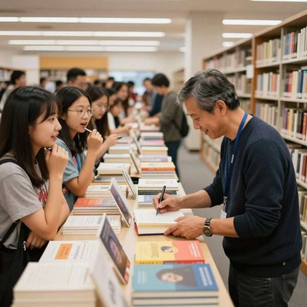author signing books at library event with line of readers