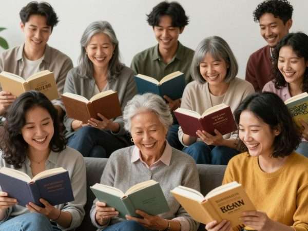 diverse group of people sharing books and laughing together