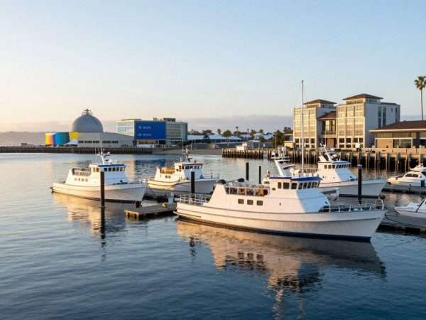 long beach harbor with whale watching boats docked