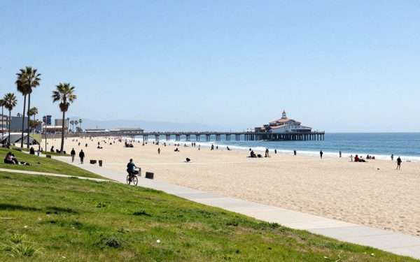 long beach shoreline with pier and beachgoers