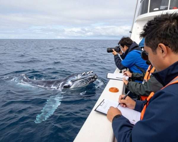 marine biologist researcher on whale watching boat collecting data