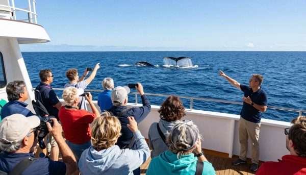 passengers on whale watching boat viewing whales in long beach waters