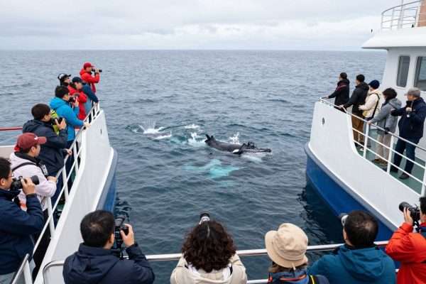 passengers viewing whales from various deck positions on whale watching boat