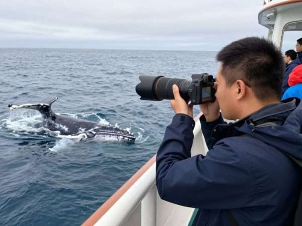 photographer capturing whale breach from boat deck in long beach