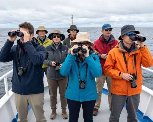 tourists dressed appropriately for whale watching cruise with binoculars and cameras