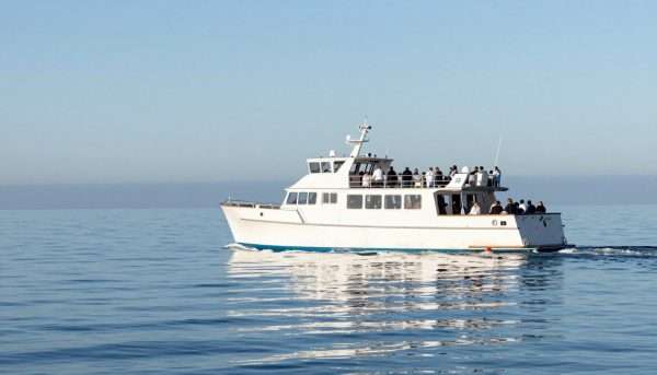 whale watching boat in calm pacific ocean waters near long beach