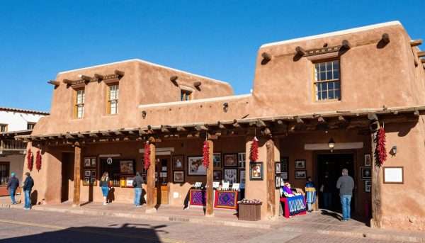 Adobe buildings and art galleries in historic Santa Fe Plaza, New Mexico Adobe buildings and art galleries in historic Santa Fe Plaza, New Mexico