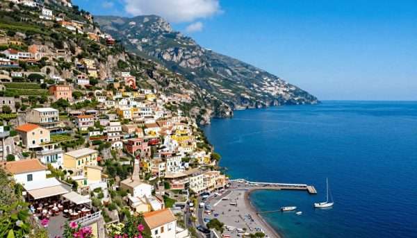 Amalfi Coast Italy colorful villages on cliffs above Mediterranean Sea Amalfi Coast Italy colorful villages on cliffs above Mediterranean Sea