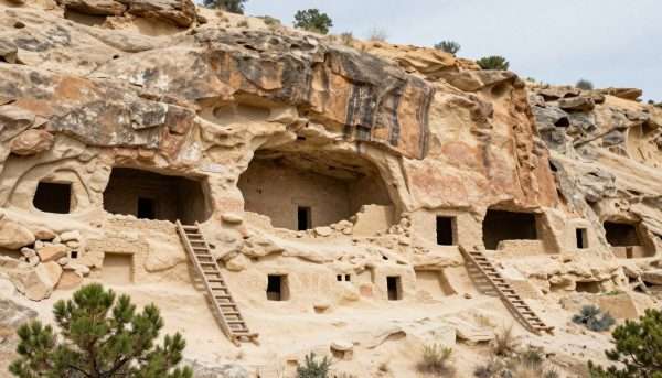 Ancient cliff dwellings and cave rooms carved into volcanic rock at Bandelier National Monument Ancient cliff dwellings and cave rooms carved into volcanic rock at Bandelier National Monument