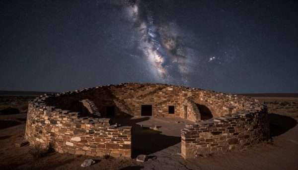 Ancient great house ruins at Chaco Culture National Historical Park under starry night sky Ancient great house ruins at Chaco Culture National Historical Park under starry night sky