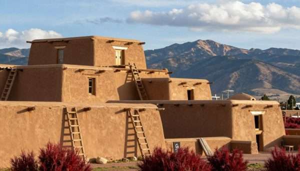Ancient multi-story adobe buildings at Taos Pueblo with mountains in background Ancient multi-story adobe buildings at Taos Pueblo with mountains in background