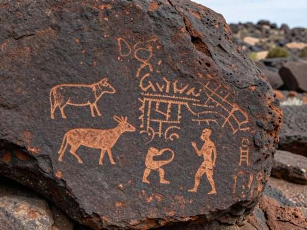 Ancient petroglyphs carved into dark volcanic rock in New Mexico Ancient petroglyphs carved into dark volcanic rock in New Mexico