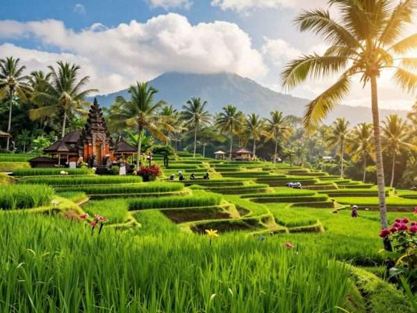 Bali Indonesia rice terraces and tropical temples in May sunshine Bali Indonesia rice terraces and tropical temples in May sunshine