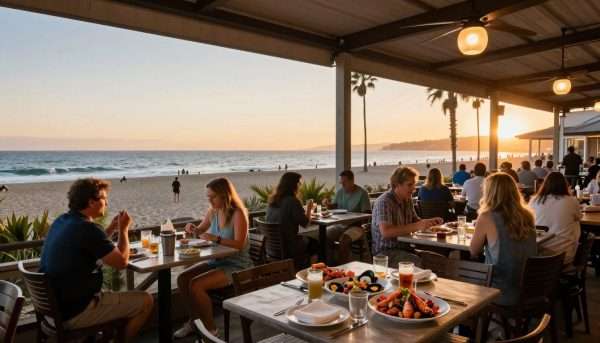 Beachfront restaurant patio with ocean views and diners Beachfront restaurant patio with ocean views and diners
