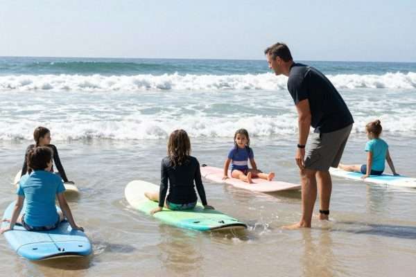 Beginner surfers taking lesson at gentle LA beach break Beginner surfers taking lesson at gentle LA beach break