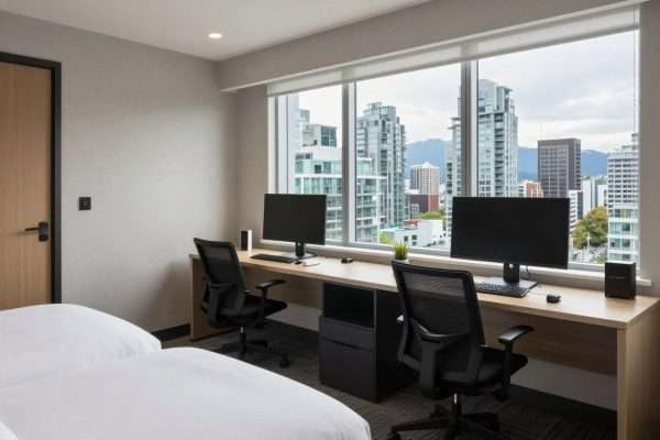 Business hotel room with large desk and city view Business hotel room with large desk and city view