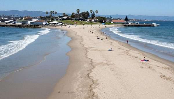 Cabrillo Beach with San Pedro harbor and boats Cabrillo Beach with San Pedro harbor and boats