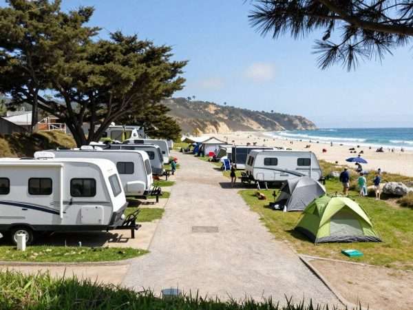 Campground area at Leo Carrillo State Beach with RVs and tents Campground area at Leo Carrillo State Beach with RVs and tents