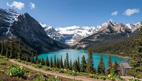 Canadian Rockies mountains with turquoise lakes and spring scenery Canadian Rockies mountains with turquoise lakes and spring scenery