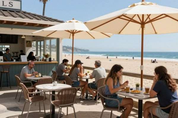 Casual beachside cafe with outdoor seating and beach views Casual beachside cafe with outdoor seating and beach views