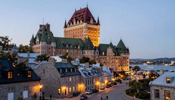 Chateau Frontenac and Old Quebec cobblestone streets during golden hour Chateau Frontenac and Old Quebec cobblestone streets during golden hour