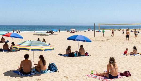 Crowded summer beach day in LA with umbrellas and beachgoers Crowded summer beach day in LA with umbrellas and beachgoers