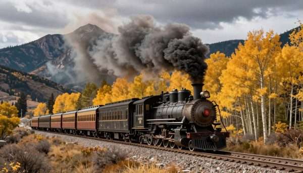 Cumbres and Toltec Scenic Railroad train traveling through mountain landscape Cumbres and Toltec Scenic Railroad train traveling through mountain landscape