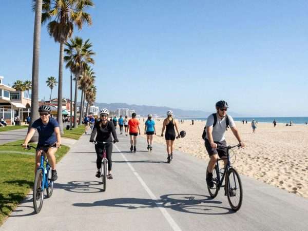 Cyclists and pedestrians on bike path along Santa Monica beach Cyclists and pedestrians on bike path along Santa Monica beach