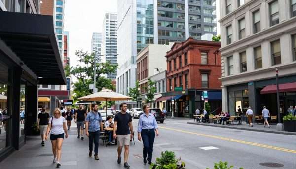 Downtown Vancouver street scene with shops, restaurants, pedestrians, urban atmosphere Downtown Vancouver street scene with shops, restaurants, pedestrians, urban atmosphere