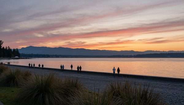 English Bay beach sunset with people walking along the seawall English Bay beach sunset with people walking along the seawall