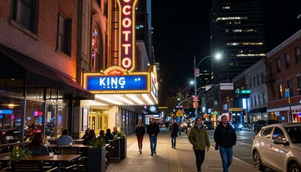 Entertainment District Toronto showing theaters and nightlife venues lit up at night Entertainment District Toronto showing theaters and nightlife venues lit up at night