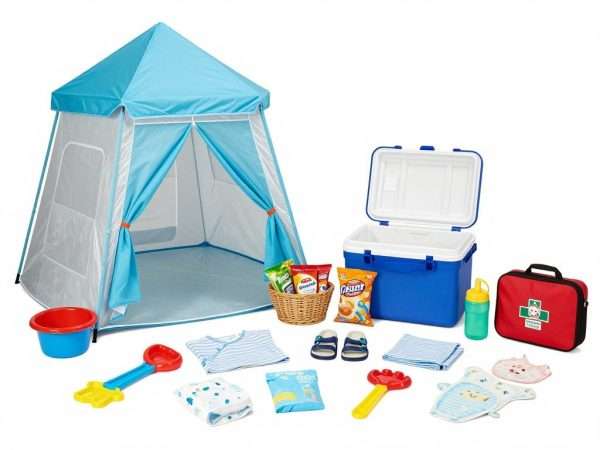 Family beach gear laid out including toys, snacks, and safety items Family beach gear laid out including toys, snacks, and safety items