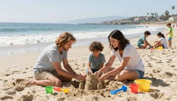 Family playing together on LA beach with children building sandcastle Family playing together on LA beach with children building sandcastle