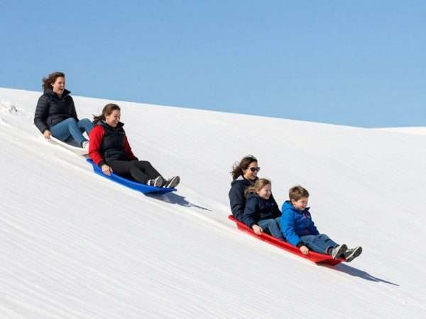 Family sledding down white sand dunes at White Sands National Park Family sledding down white sand dunes at White Sands National Park