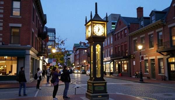 Gastown steam clock with historic buildings and tourists Gastown steam clock with historic buildings and tourists