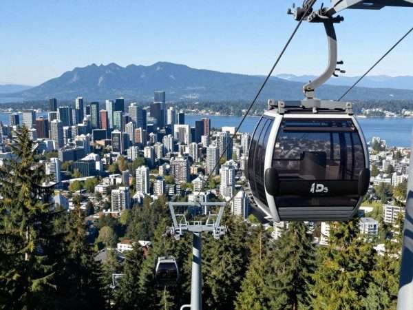 Grouse Mountain skyride with Vancouver city views below Grouse Mountain skyride with Vancouver city views below
