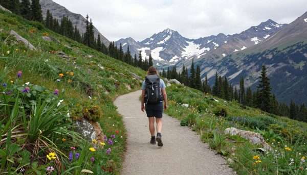 Hiker on alpine trail following Leave No Trace principles Hiker on alpine trail following Leave No Trace principles